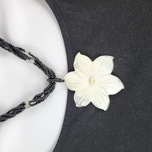 Mother of Pearl Flower Necklace  with Black Beads 18"
